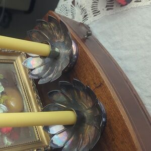 Vintage Silver Plated Candlestick Holders Floral Petal Lotus Hollywood Regency